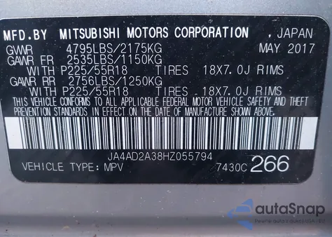 2017 Mitsubishi Outlander Es из США, поврежденный, VIN JA4AD2A38HZ055794